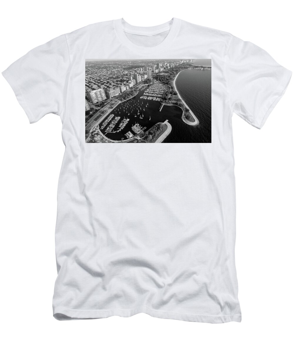 Belmont T-Shirt featuring the photograph Belmont Harbor Chicago B W by Steve Gadomski