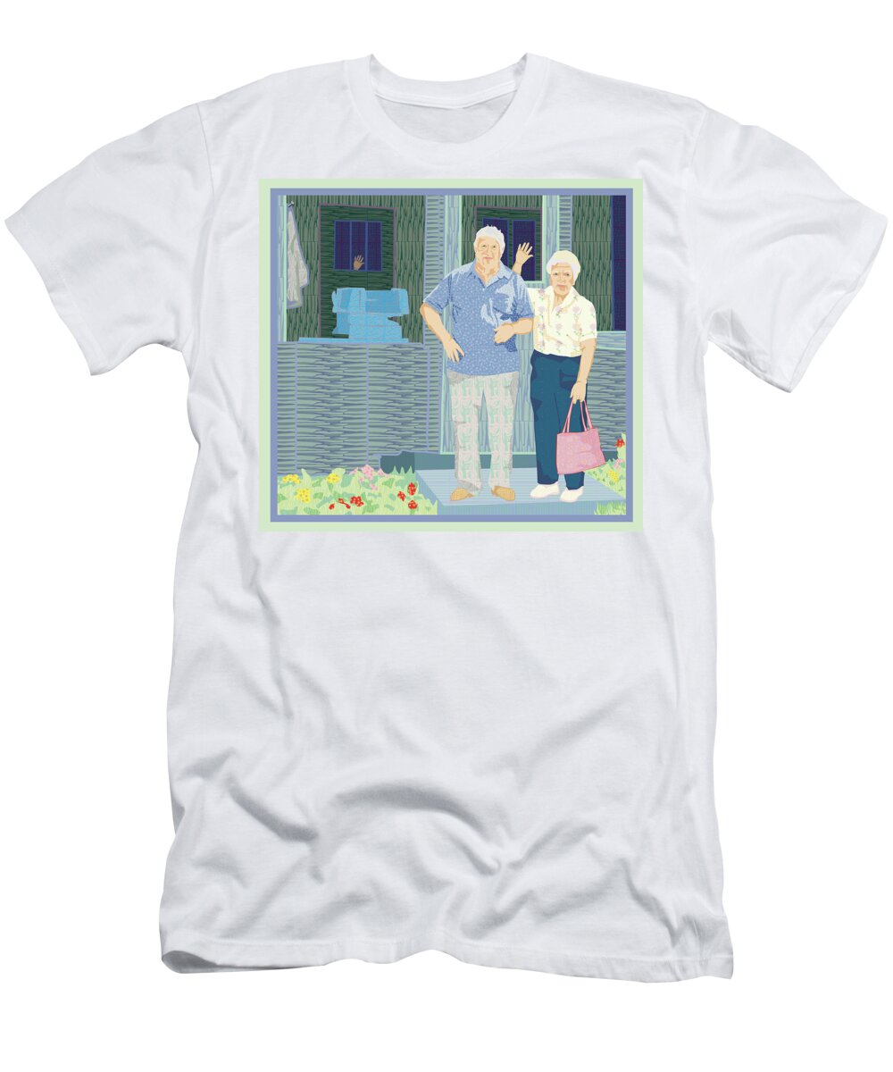 Bev And Jack At Their Cabin Up North T-Shirt featuring the digital art Bev and Jack by Rod Whyte