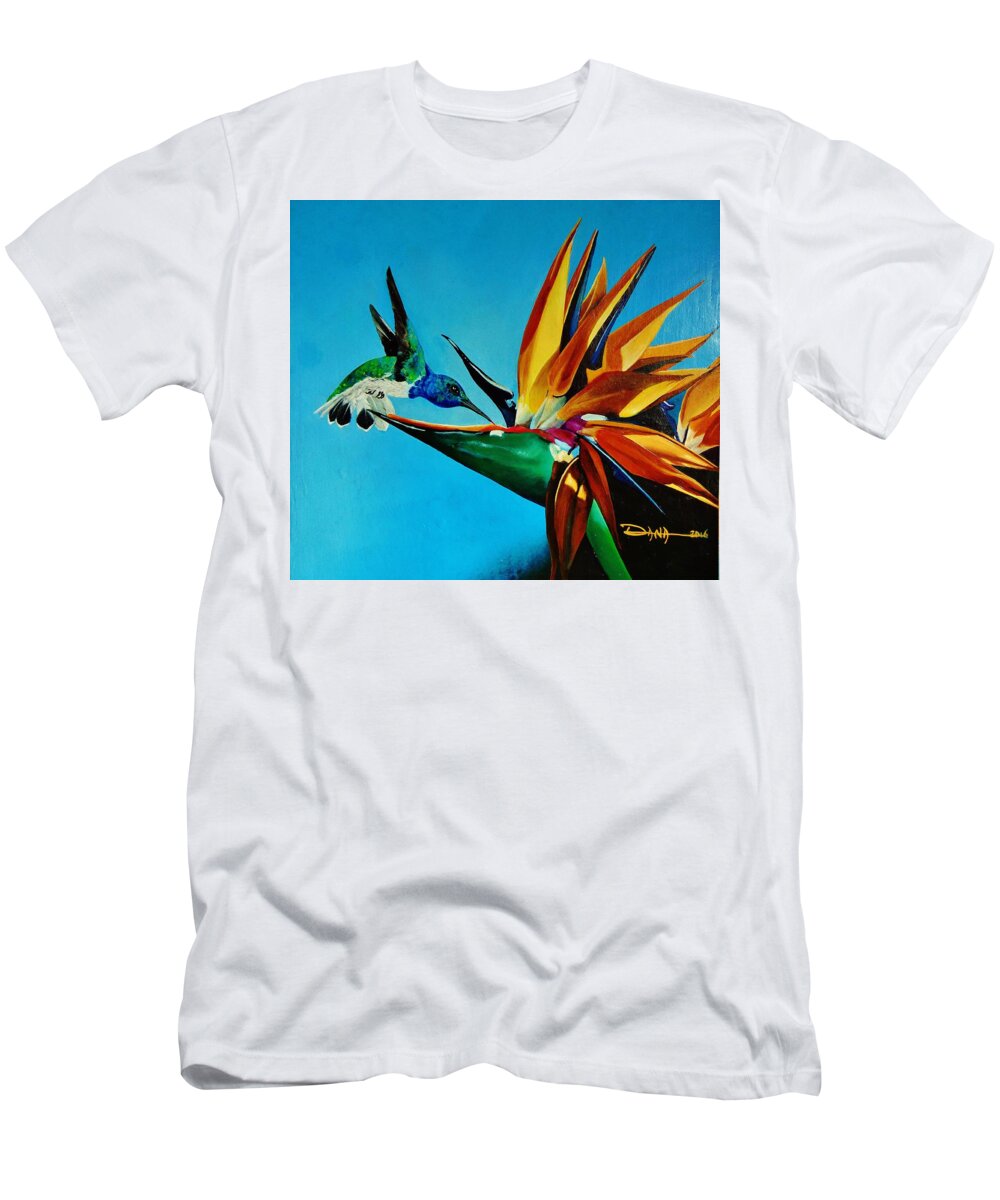 Birds T-Shirt featuring the painting Birds of Paradise with White necked Jacobin hummingbird by Dana Newman