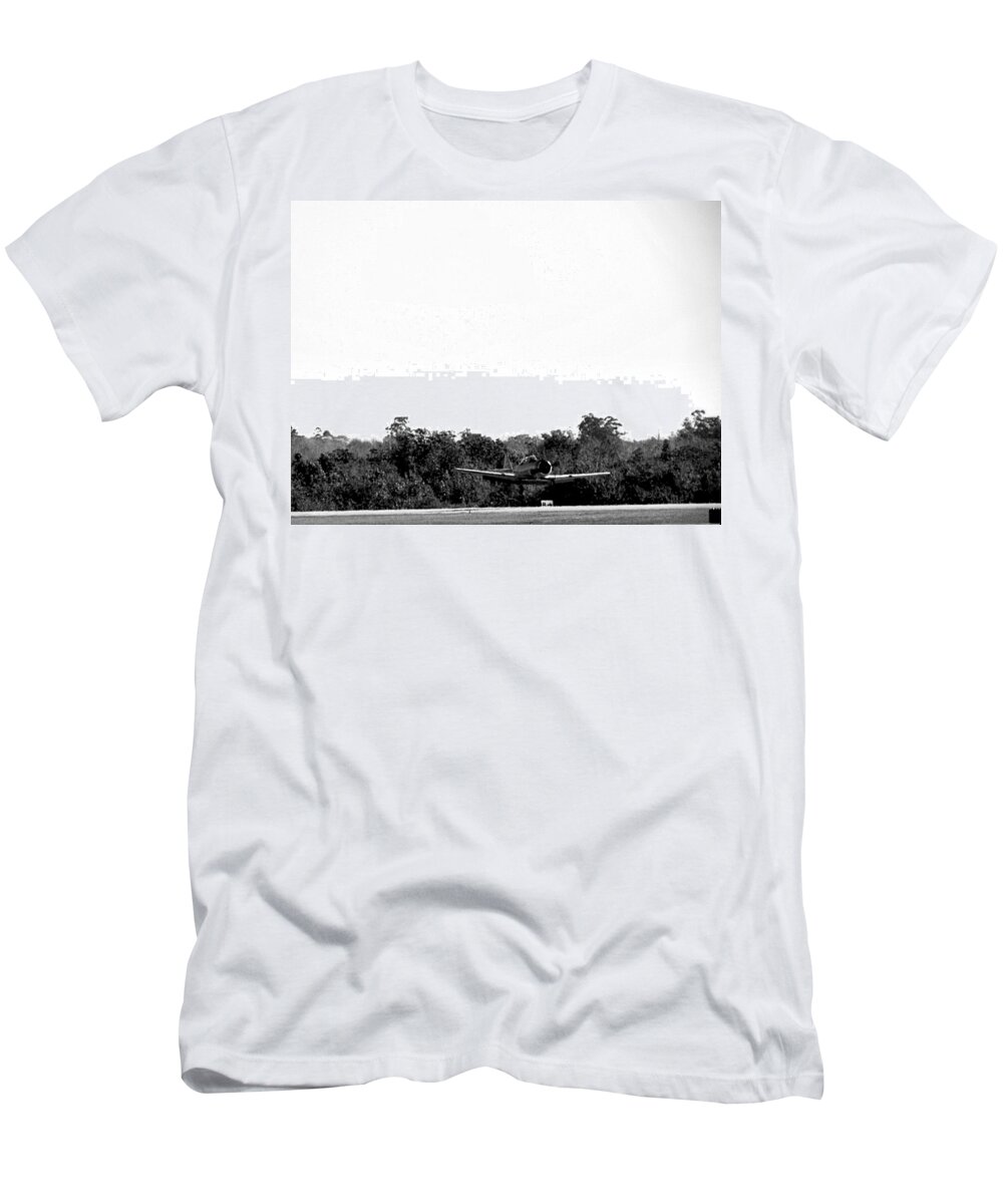Airplane T-Shirt featuring the photograph Black and White A-6 Texan Touch and Go by Christopher Mercer