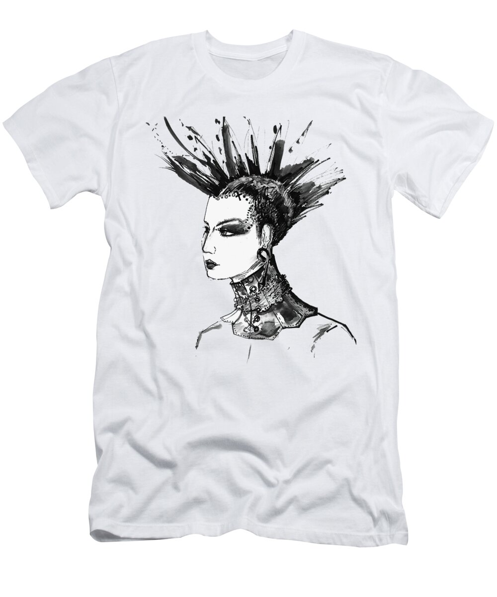 Marian Voicu T-Shirt featuring the painting Black and White Punk Rock Girl by Marian Voicu