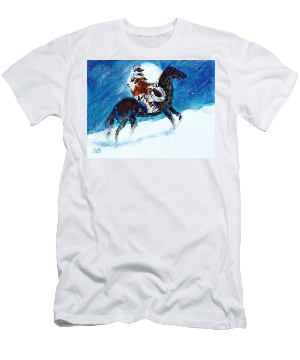 Blizzard Moon T-Shirt featuring the painting Blizzard Moon-The Last Stray by Seth Weaver