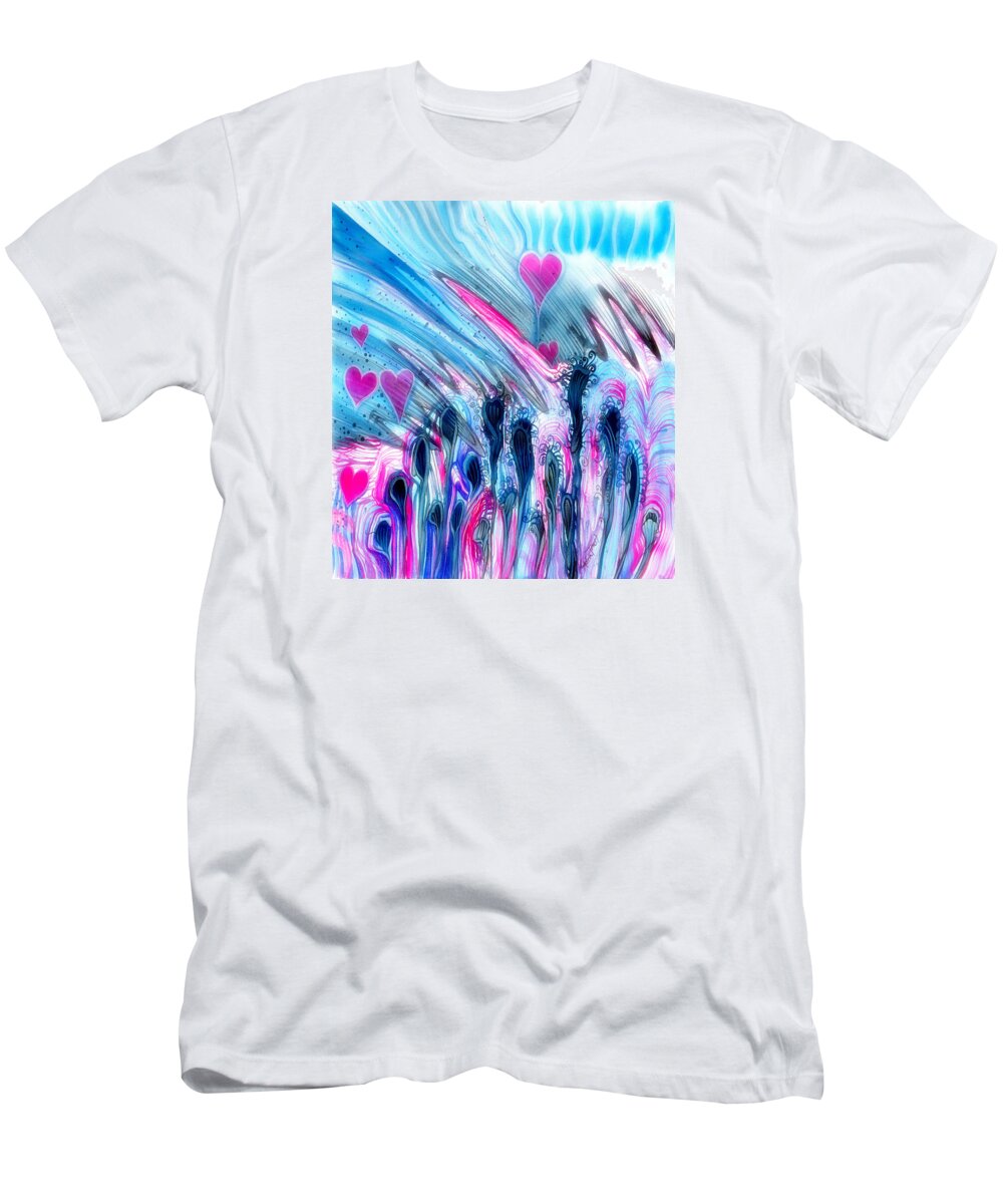 Adria Trail T-Shirt featuring the painting Blue and Hearts by Adria Trail