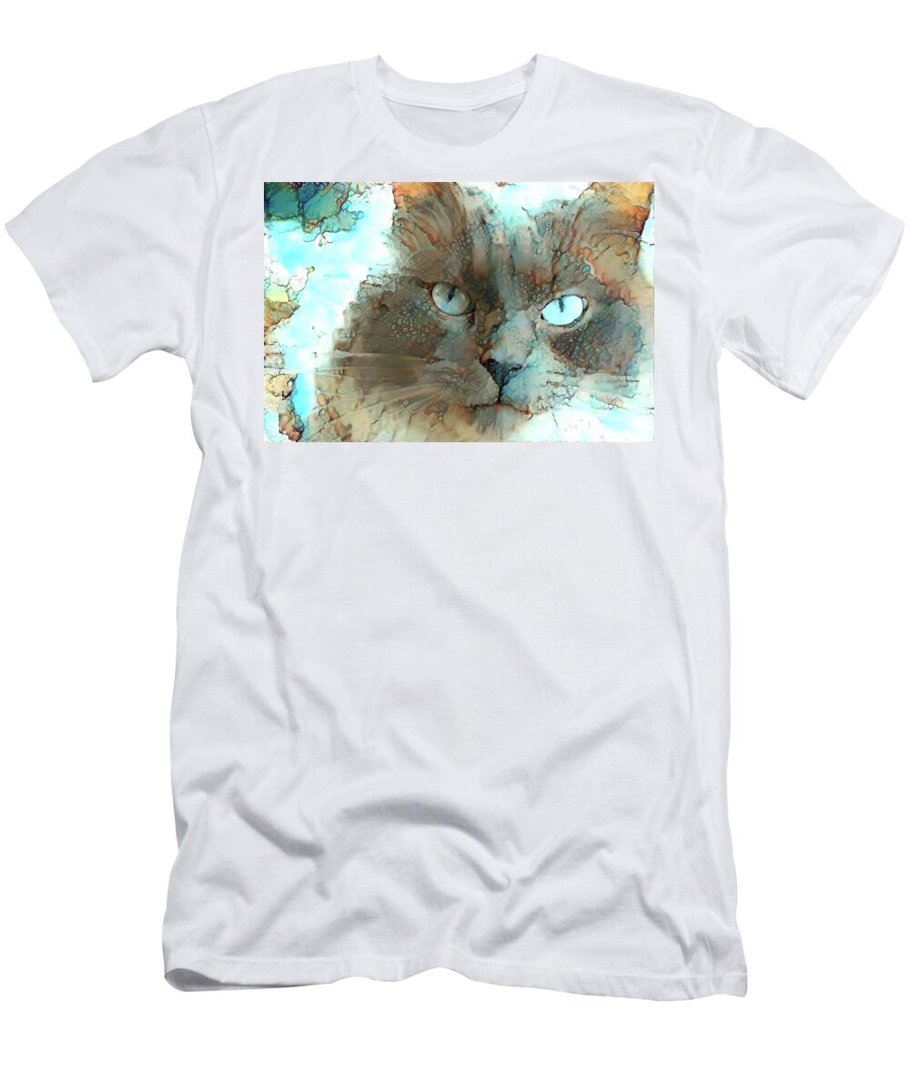 Cat T-Shirt featuring the digital art Blue Eyed Persian Cat Watercolor by Peggy Collins
