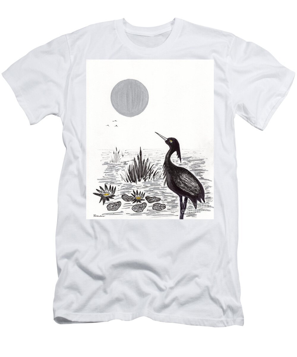 Blue Heron T-Shirt featuring the drawing Crowned Night Heron Lily Pond Paradise in Ink D2 by Ricardos Creations