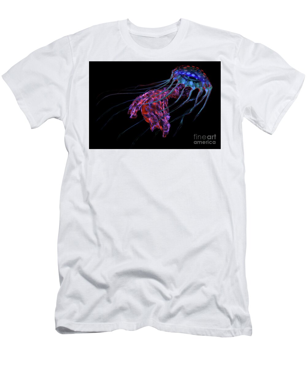 Jellyfish T-Shirt featuring the digital art Blue Red Jellyfish on Black by Corey Ford