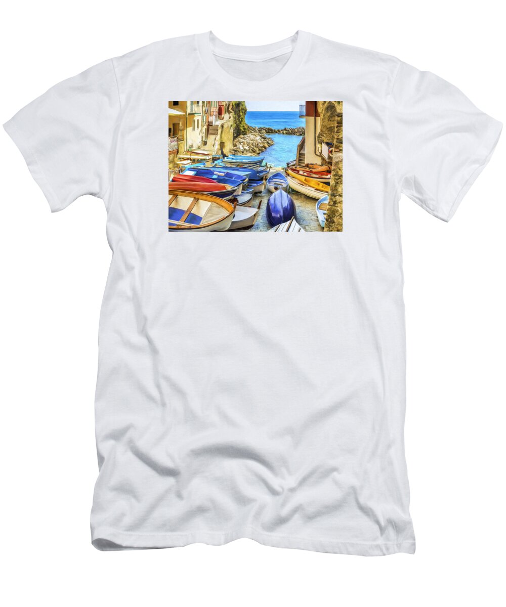 Five Lands T-Shirt featuring the painting Boats at Cinque Terre by Dominic Piperata