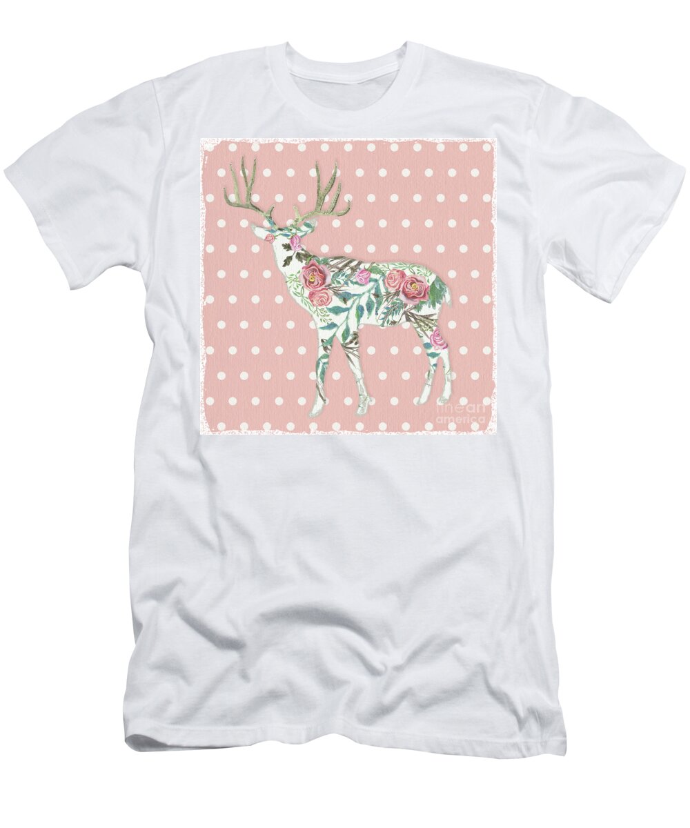 Boho T-Shirt featuring the painting BOHO Deer Silhouette Rose Floral Polka Dot by Audrey Jeanne Roberts