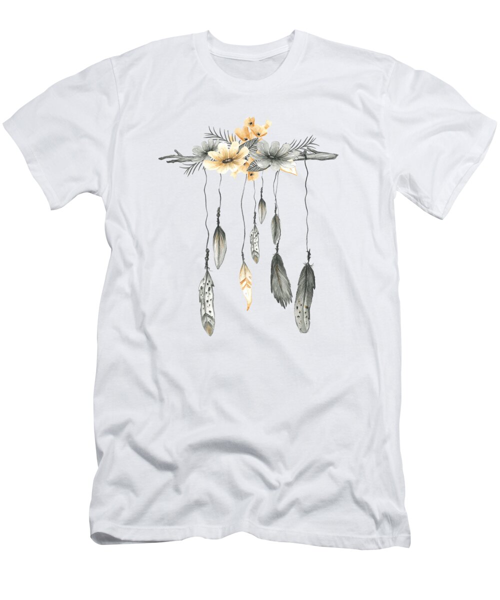 Boho T-Shirt featuring the digital art Boho Feathers Floral Branch by Pink Forest Cafe