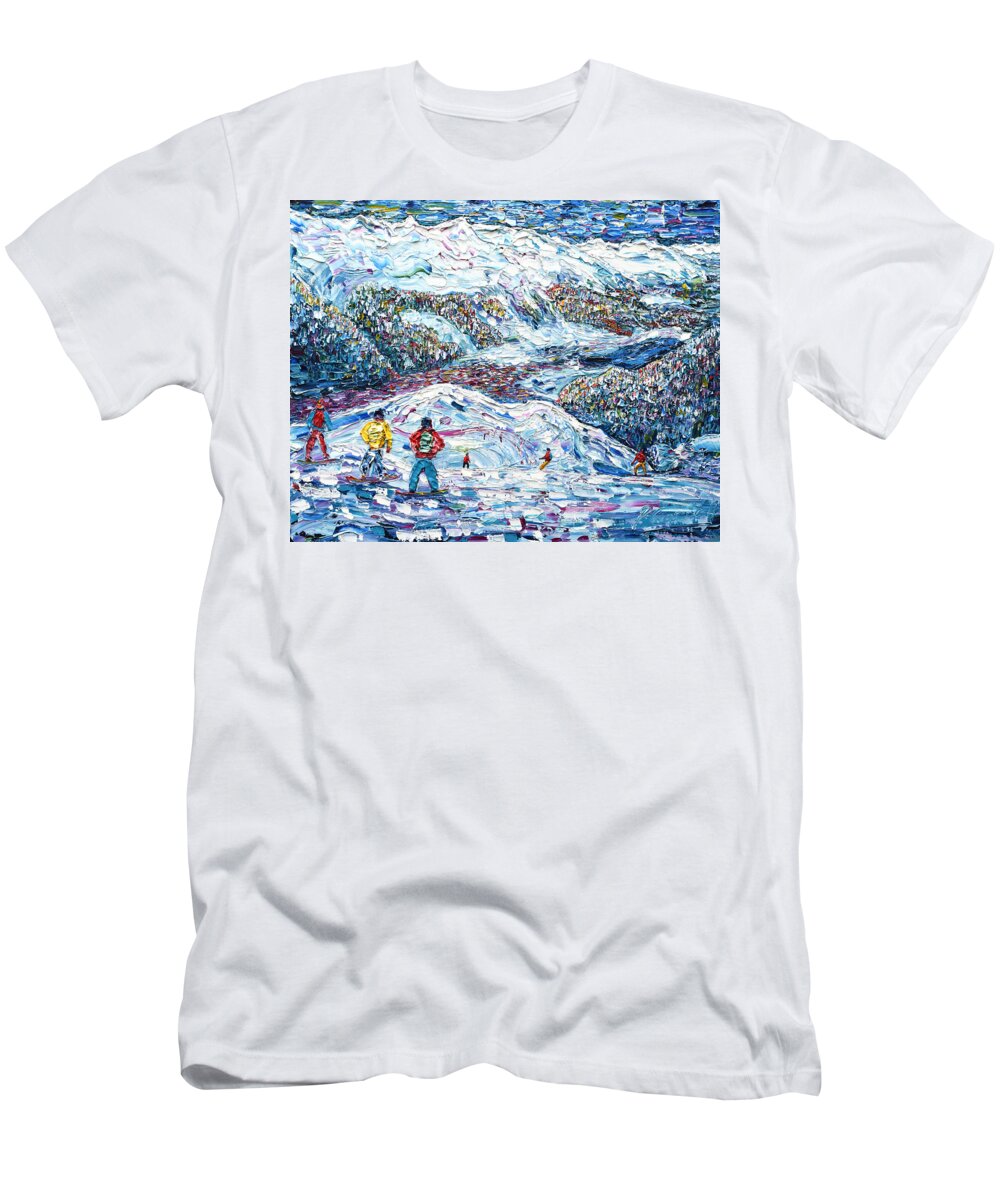 Klosters T-Shirt featuring the painting Boarders above Davos Platz by Pete Caswell