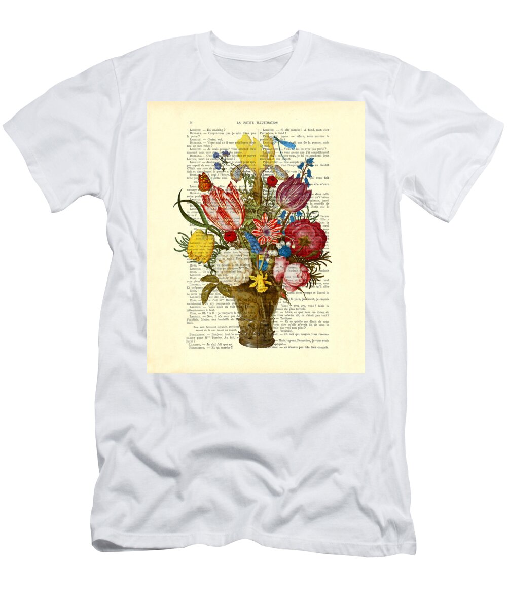 Roses T-Shirt featuring the digital art Bouquet of flowers on dictionary paper by Madame Memento