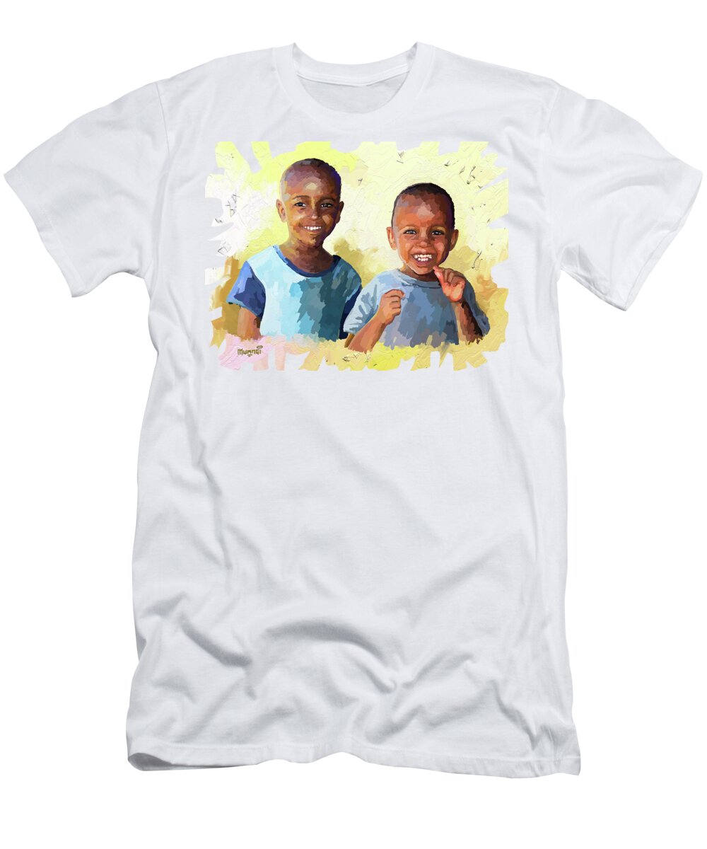 Black T-Shirt featuring the painting Boys by Anthony Mwangi