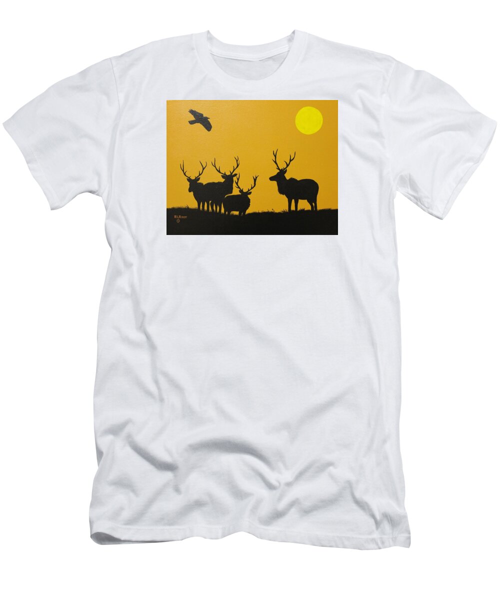 Elk T-Shirt featuring the painting Boy's night out by Ralph Root