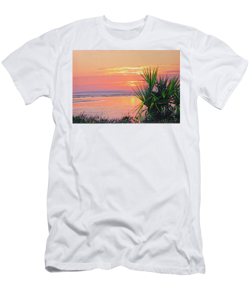 Sunrise T-Shirt featuring the painting Breach inlet sunrise palmetto by Virginia Bond
