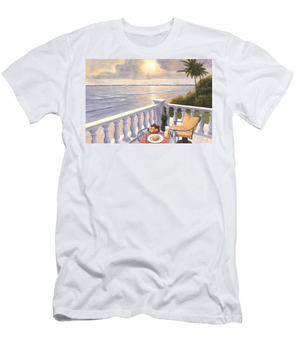 Sunrise T-Shirt featuring the painting Breakfast on the Veranda by Diane Romanello