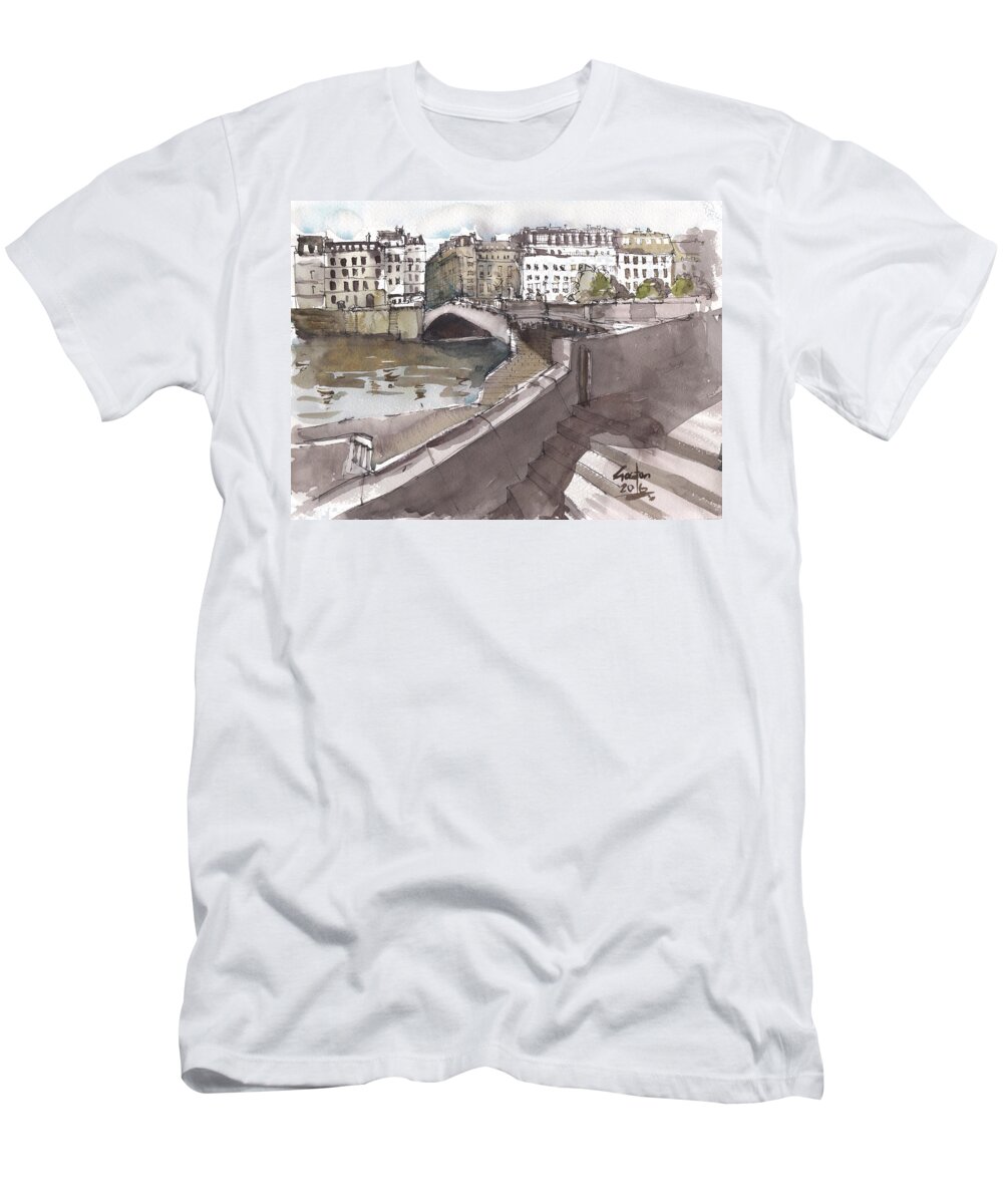 Paris T-Shirt featuring the painting Bridging the Seine by Gaston McKenzie