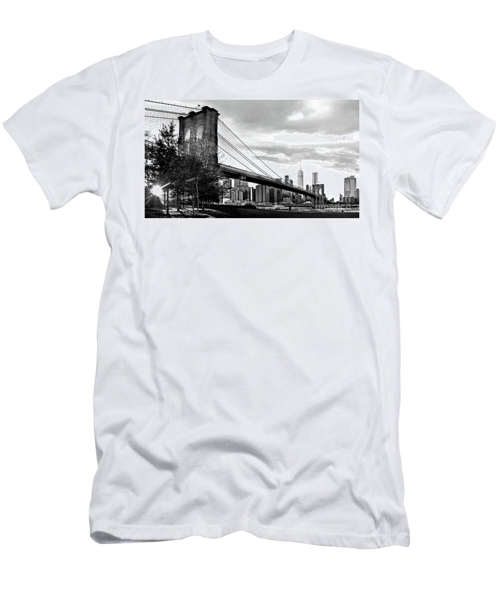 Nyc T-Shirt featuring the photograph Brooklyn Bridge at dusk in Black and White by Carlos Alkmin