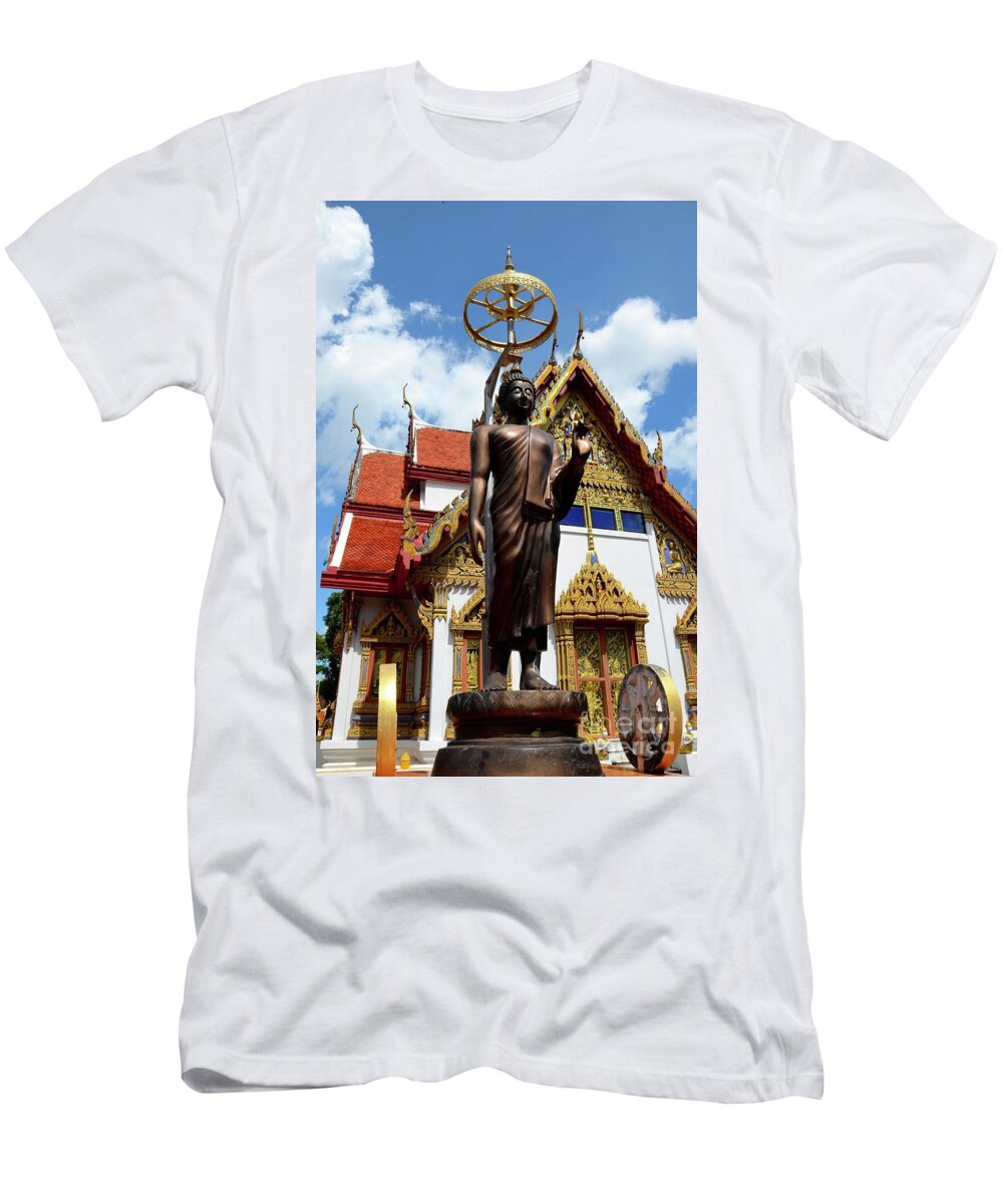 Temple T-Shirt featuring the photograph Buddha statue with sunshade outside temple Hat Yai Thailand by Imran Ahmed