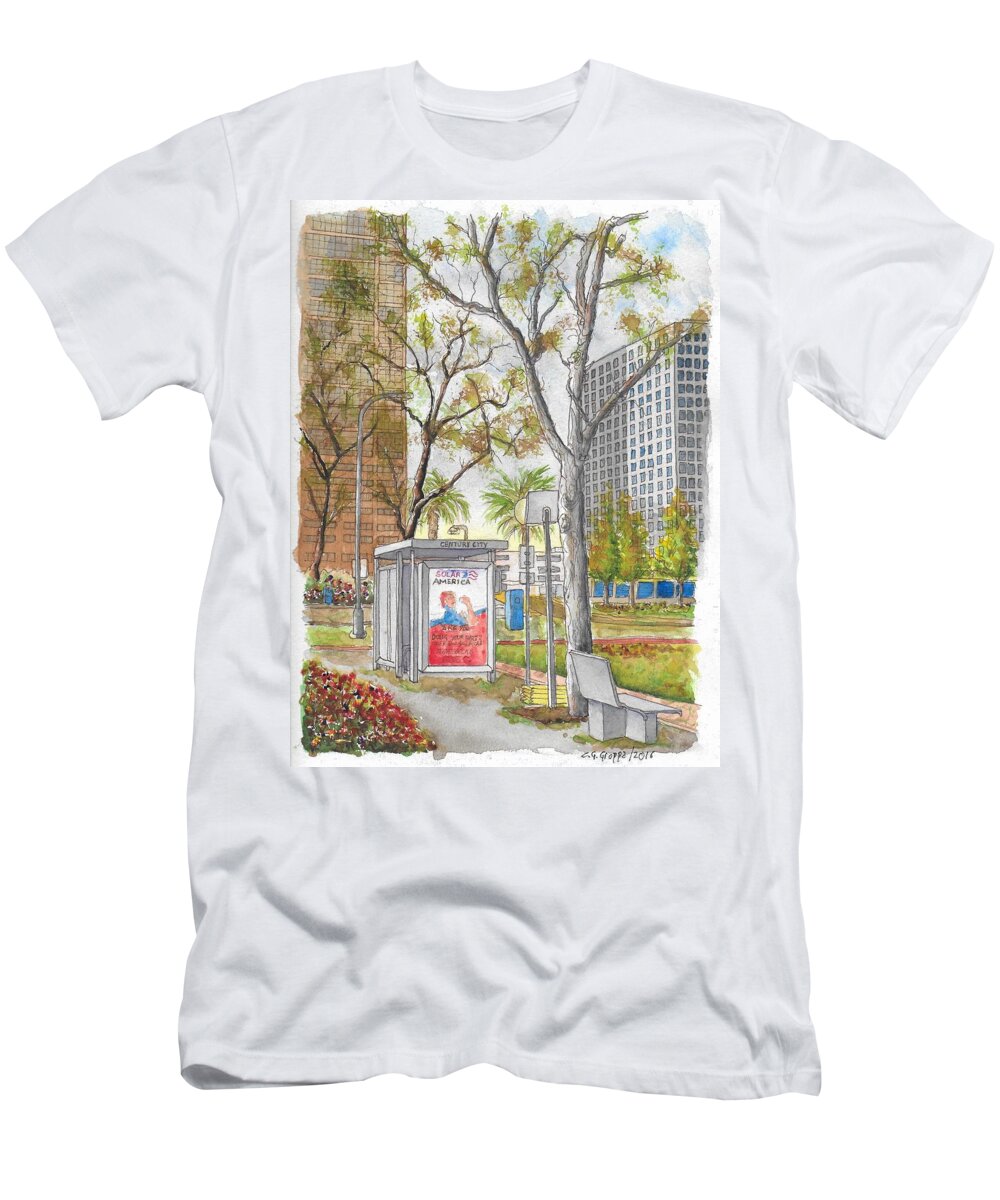 Bus Stop T-Shirt featuring the painting Bus stop in Century City, California by Carlos G Groppa