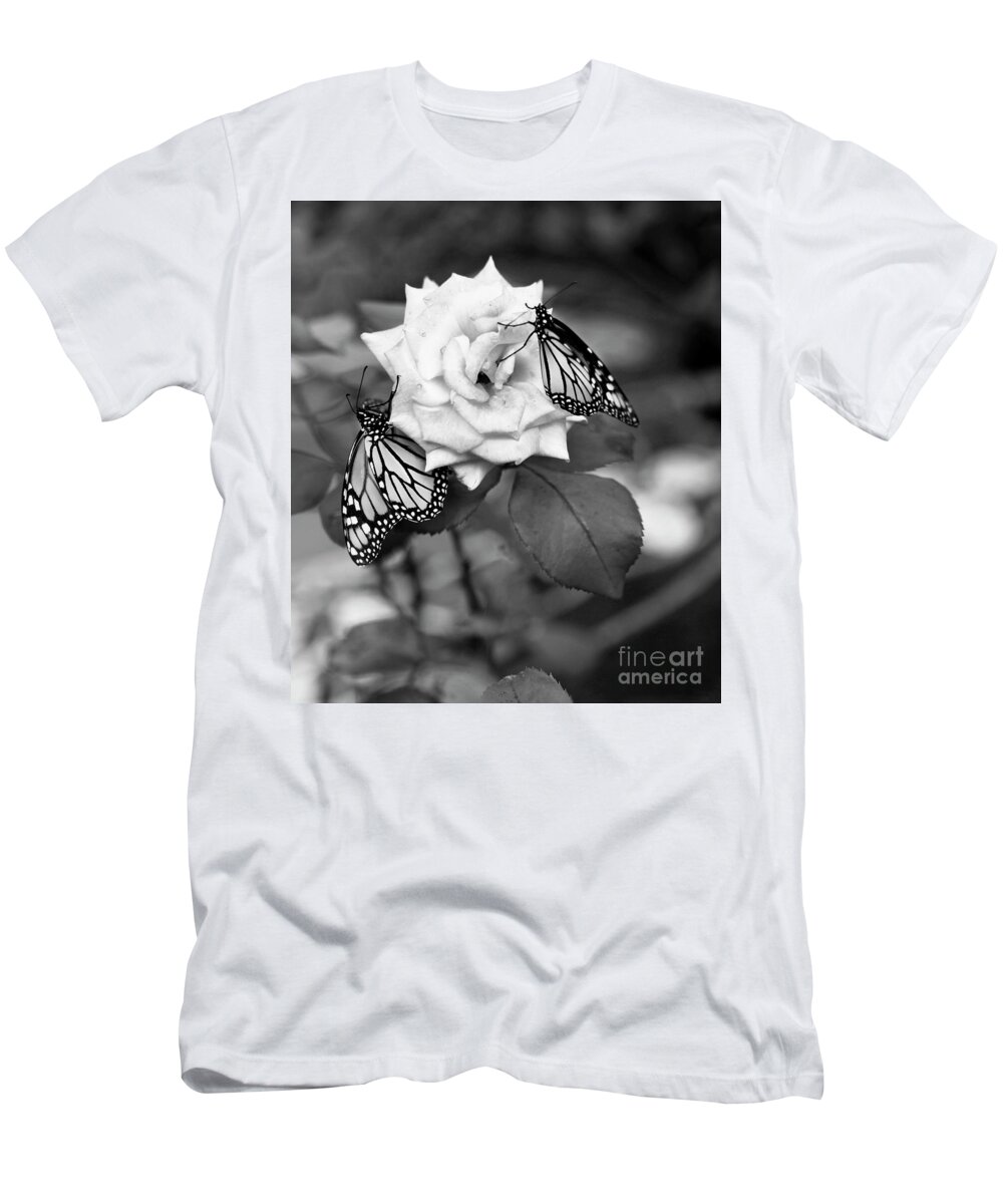 Monarch Butterflies T-Shirt featuring the photograph Butterflies and Rose Black and White by Luana K Perez