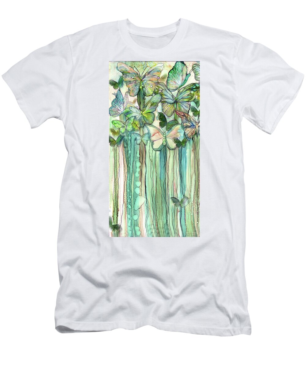 Carol Cavalaris T-Shirt featuring the mixed media Butterfly Bloomies 2 - Peach by Carol Cavalaris