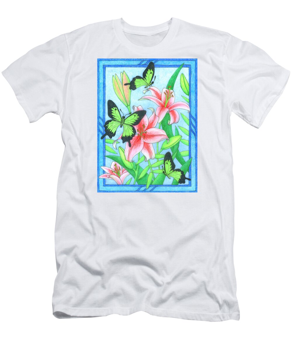 Flower T-Shirt featuring the drawing Butterfly Idyll- Lilies by Alison Stein