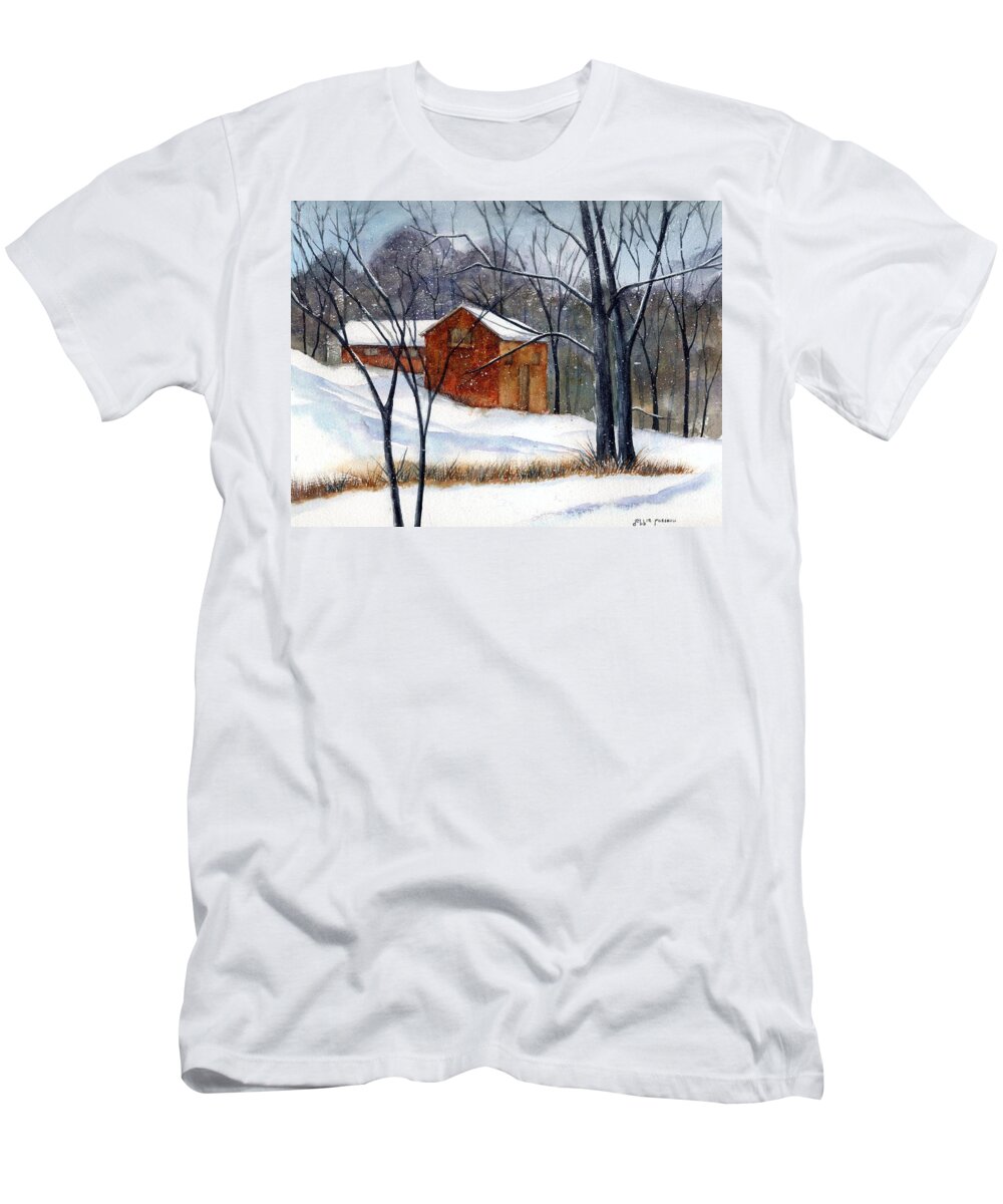 Cabin T-Shirt featuring the painting Cabin in the Woods by Debbie Lewis