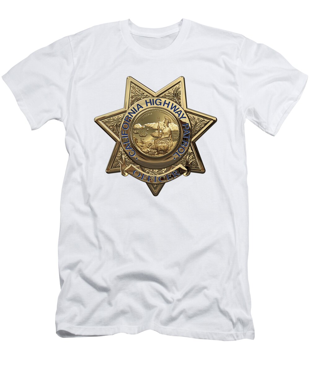 'law Enforcement Insignia & Heraldry' Collection By Serge Averbukh T-Shirt featuring the digital art California Highway Patrol - C H P Police Officer Badge over White Leather by Serge Averbukh