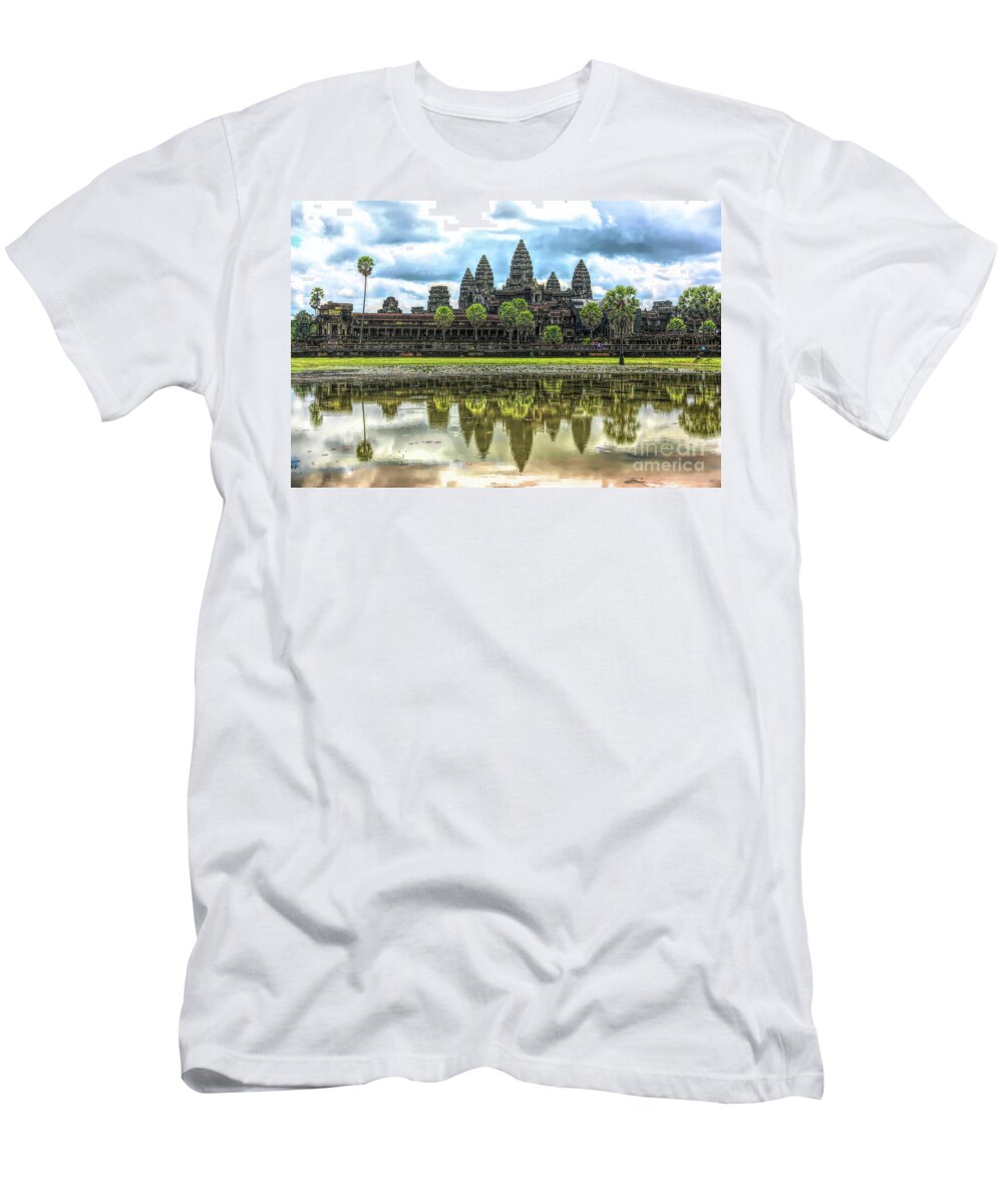 Angkor Wat T-Shirt featuring the digital art Cambodia Panorama Angkor Wat Reflections by Chuck Kuhn