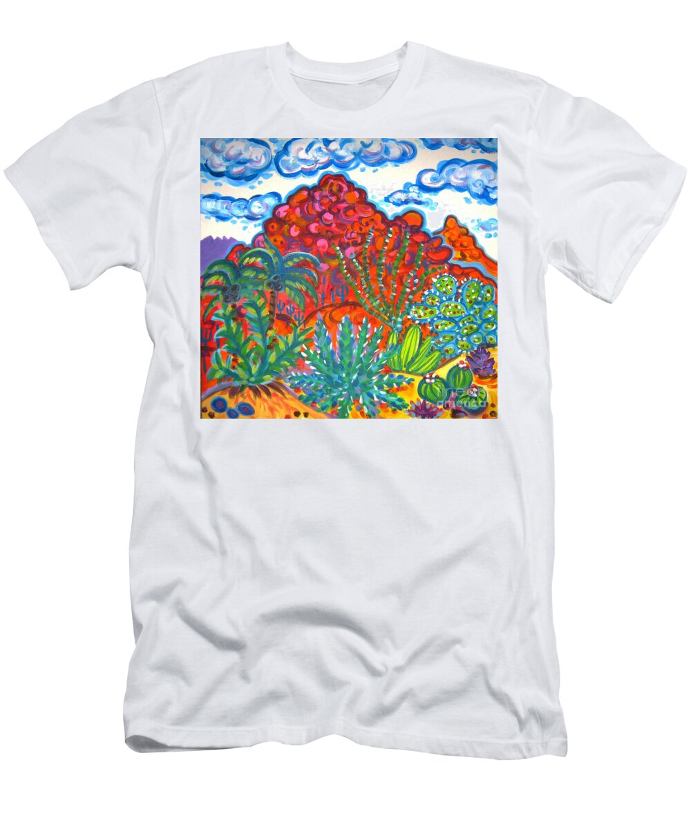 Rachel Houseman T-Shirt featuring the painting Camelback Mountain Cactus Garden by Rachel Houseman