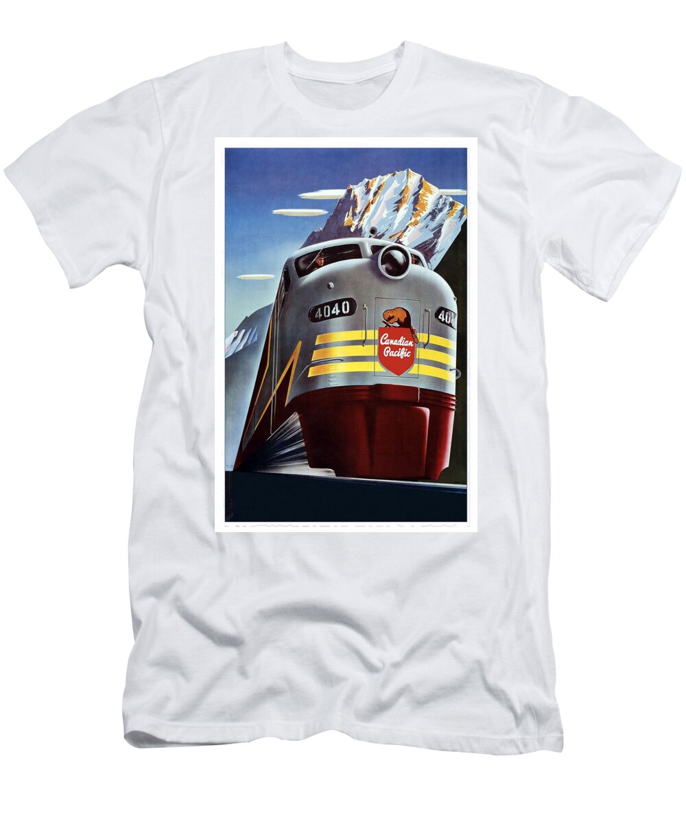 Canadian Pacific T-Shirt featuring the mixed media Canadian Pacific - Railroad Engine, Mountains - Retro travel Poster - Vintage Poster by Studio Grafiikka