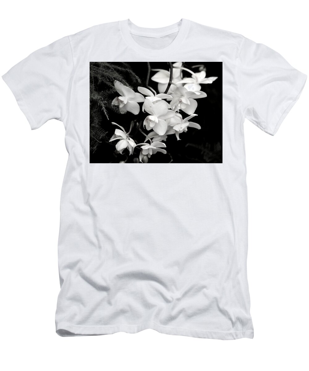 Nature T-Shirt featuring the photograph Cascading Orchids in Black and White by Sheila Brown