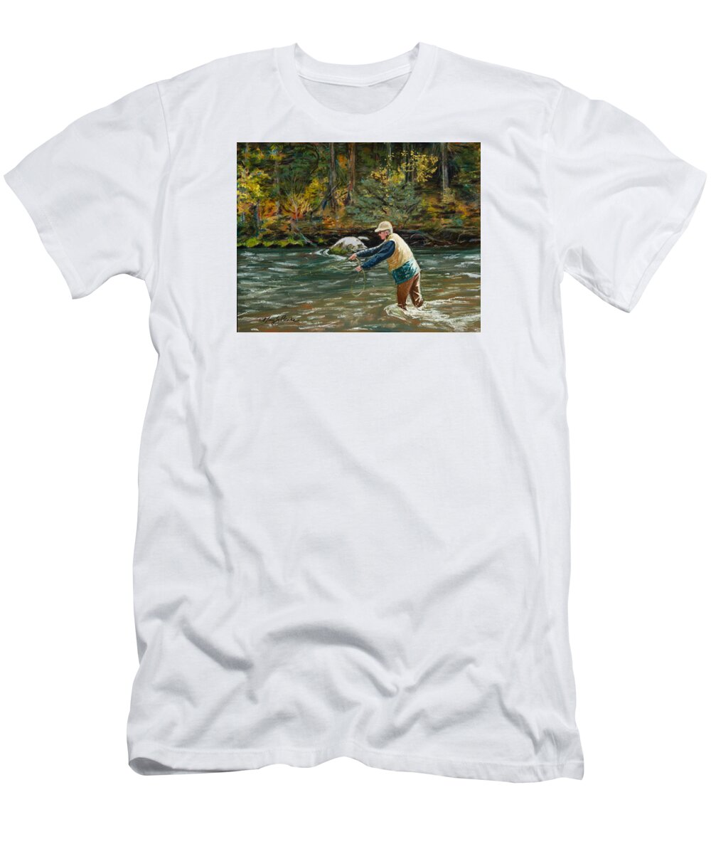 Fly Fishing T-Shirt featuring the painting Cast Away by Mary Benke