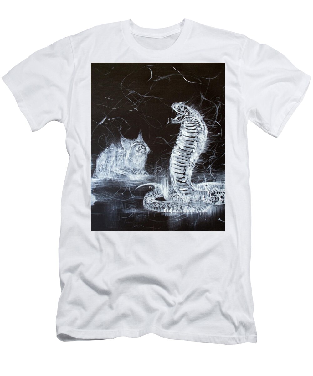 Cat T-Shirt featuring the painting Cat And Snake by Fabrizio Cassetta