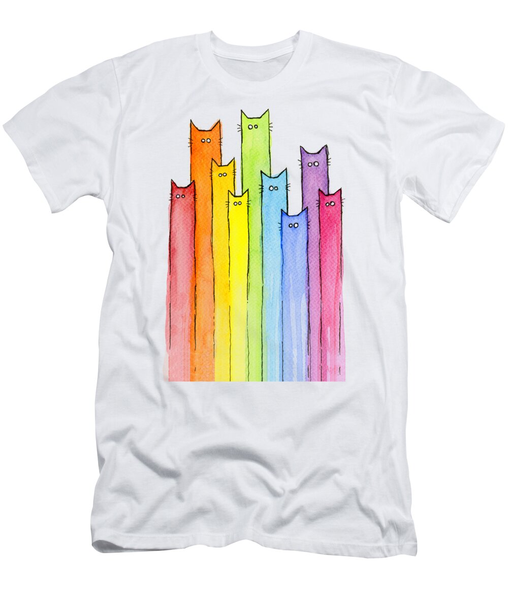 Cats T-Shirt featuring the painting Cat Rainbow Watercolor Pattern by Olga Shvartsur
