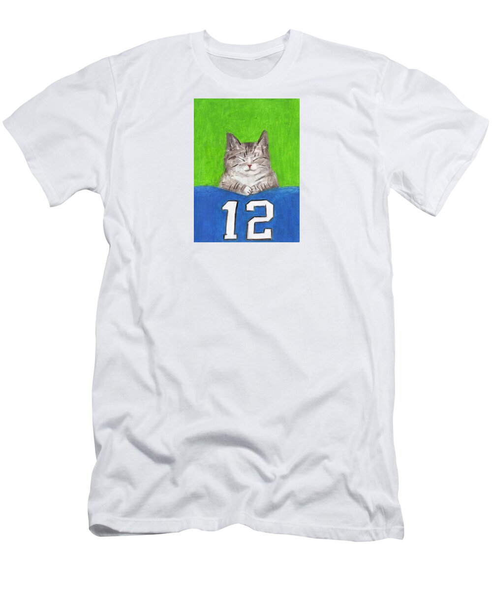 Cat With 12s Flag T-Shirt featuring the painting Cat with 12s Flag by Kazumi Whitemoon