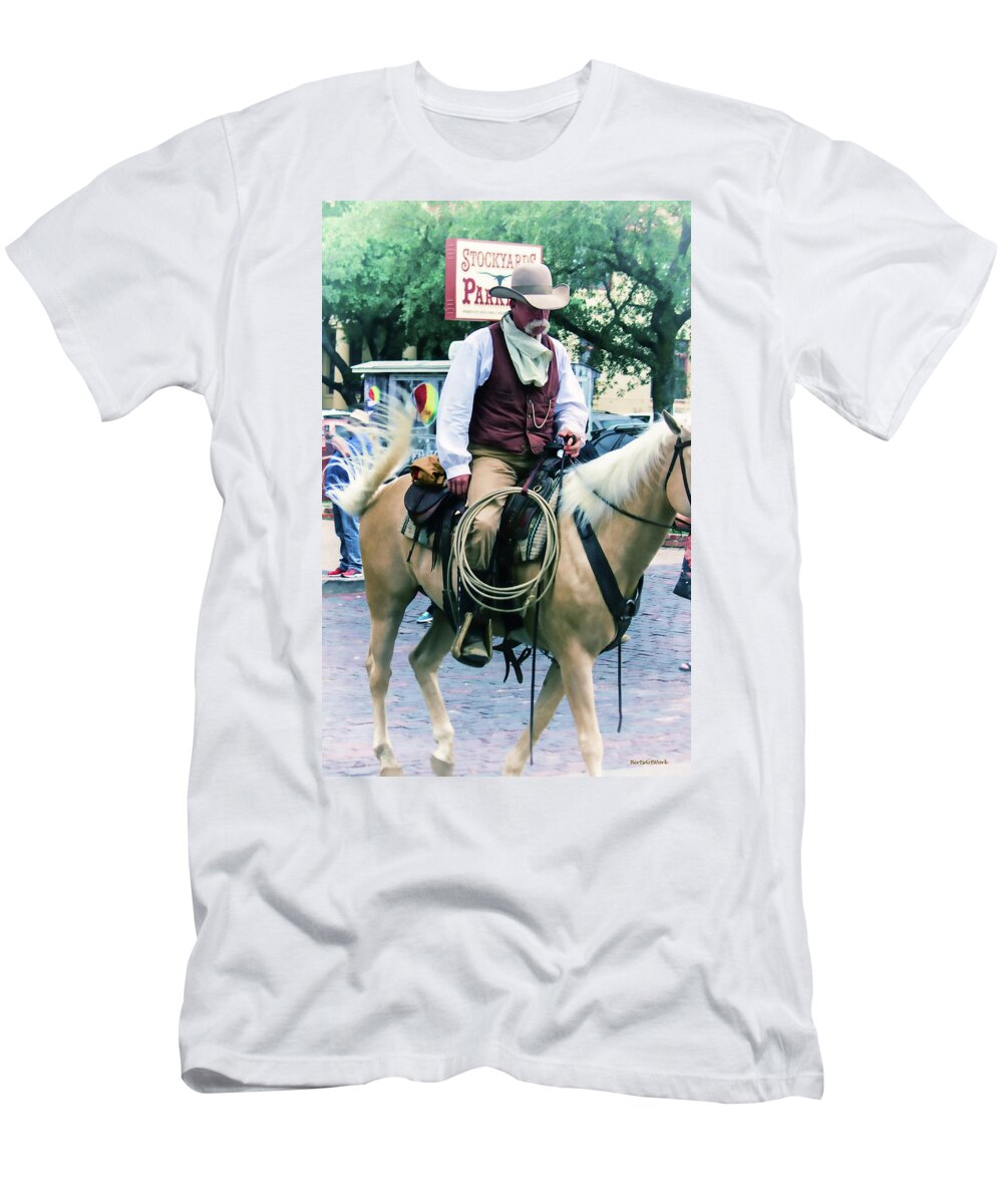 #cattledrive #steers #horses #cowboys #fortworthtexas #texas #drivingcattle T-Shirt featuring the photograph Horse and Rider by Roberta Byram