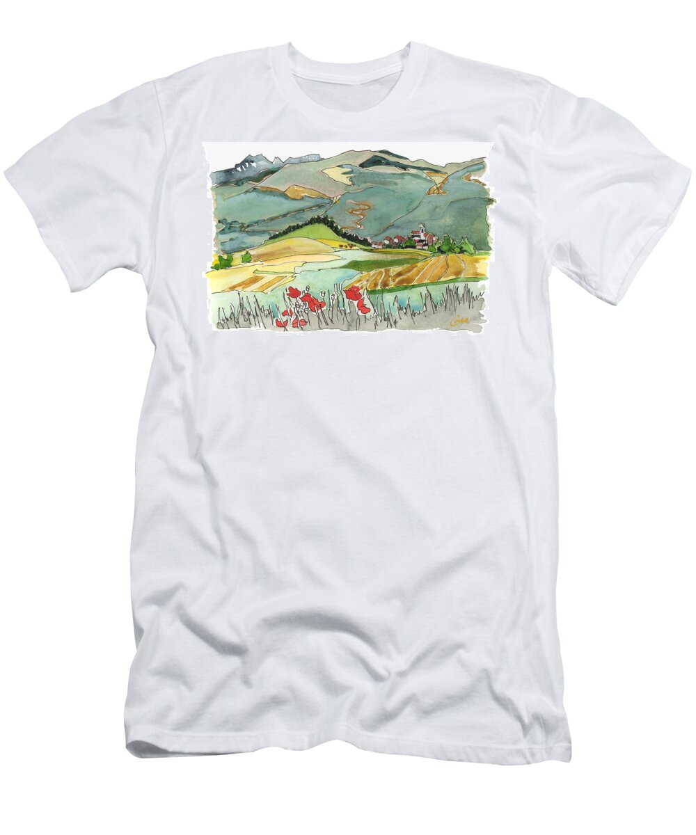 Spain Pyrenees Cerdanya Bellver  Countryside Landscape  Impressionist T-Shirt featuring the painting Cerdanya Valley, Spain by Joan Cordell