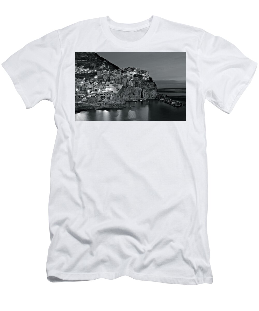 Manarola T-Shirt featuring the photograph Charcoal Nights in the Cinque Terre by Frozen in Time Fine Art Photography