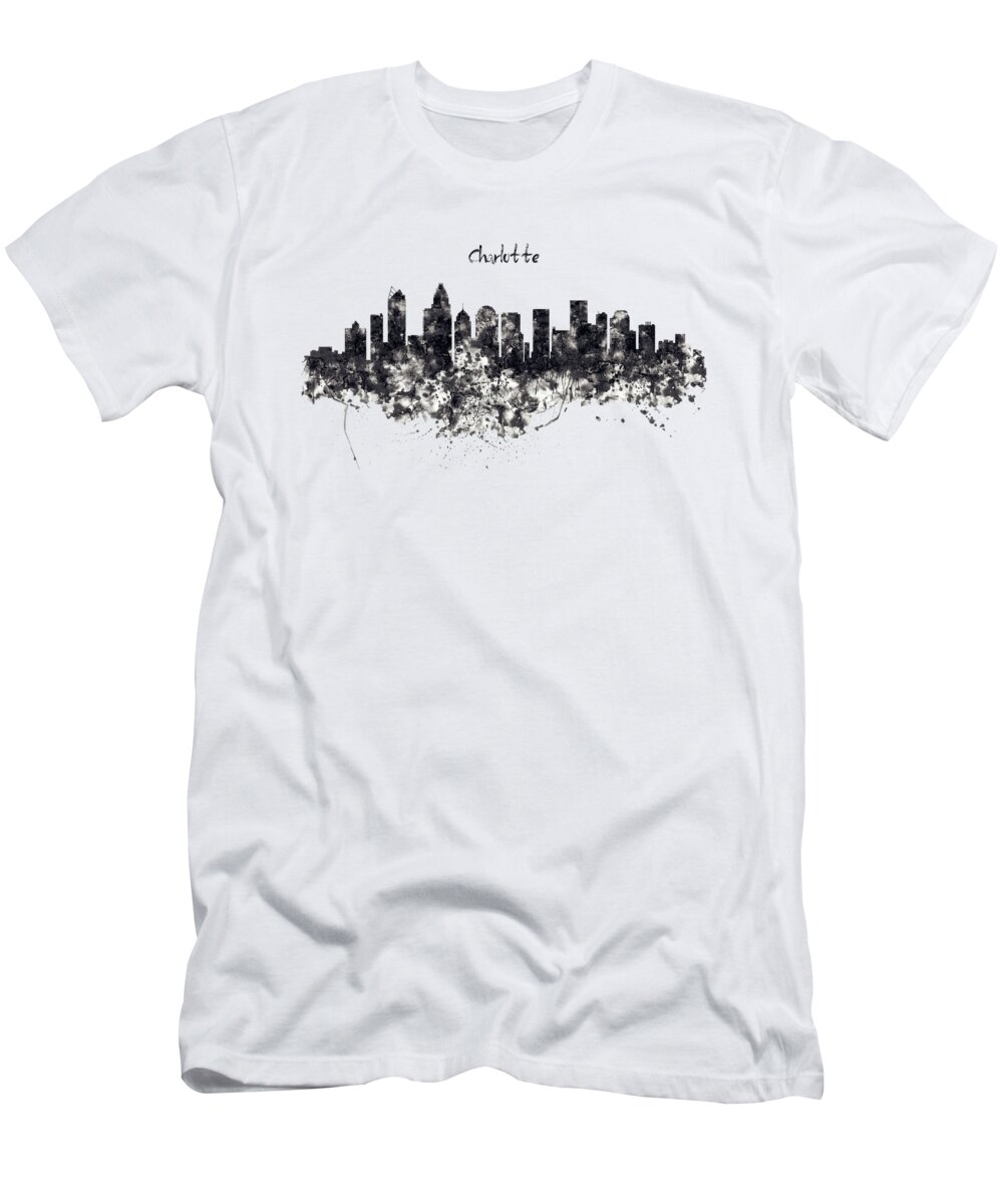 Marian Voicu T-Shirt featuring the painting Charlotte Watercolor Skyline Black and White by Marian Voicu