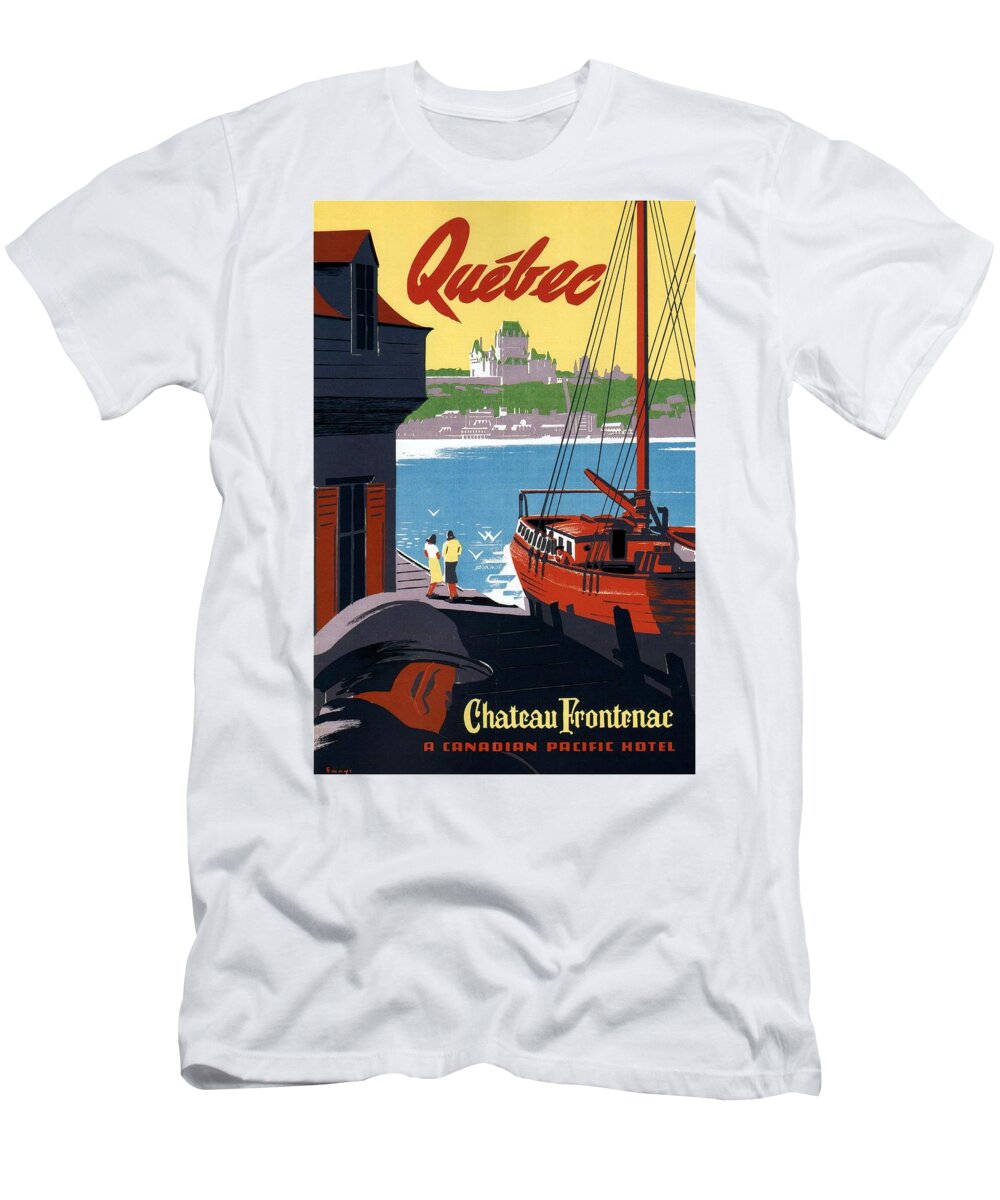 Quebec Canada T-Shirt featuring the painting Chateau Frontenac Luxury Hotel in Quebec, Canada - Vintage Travel Advertising Poster 03 by Studio Grafiikka