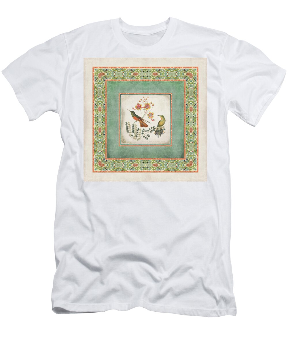 Chinese Ornamental Paper T-Shirt featuring the digital art Chinoiserie Vintage Hummingbirds n Flowers 1 by Audrey Jeanne Roberts