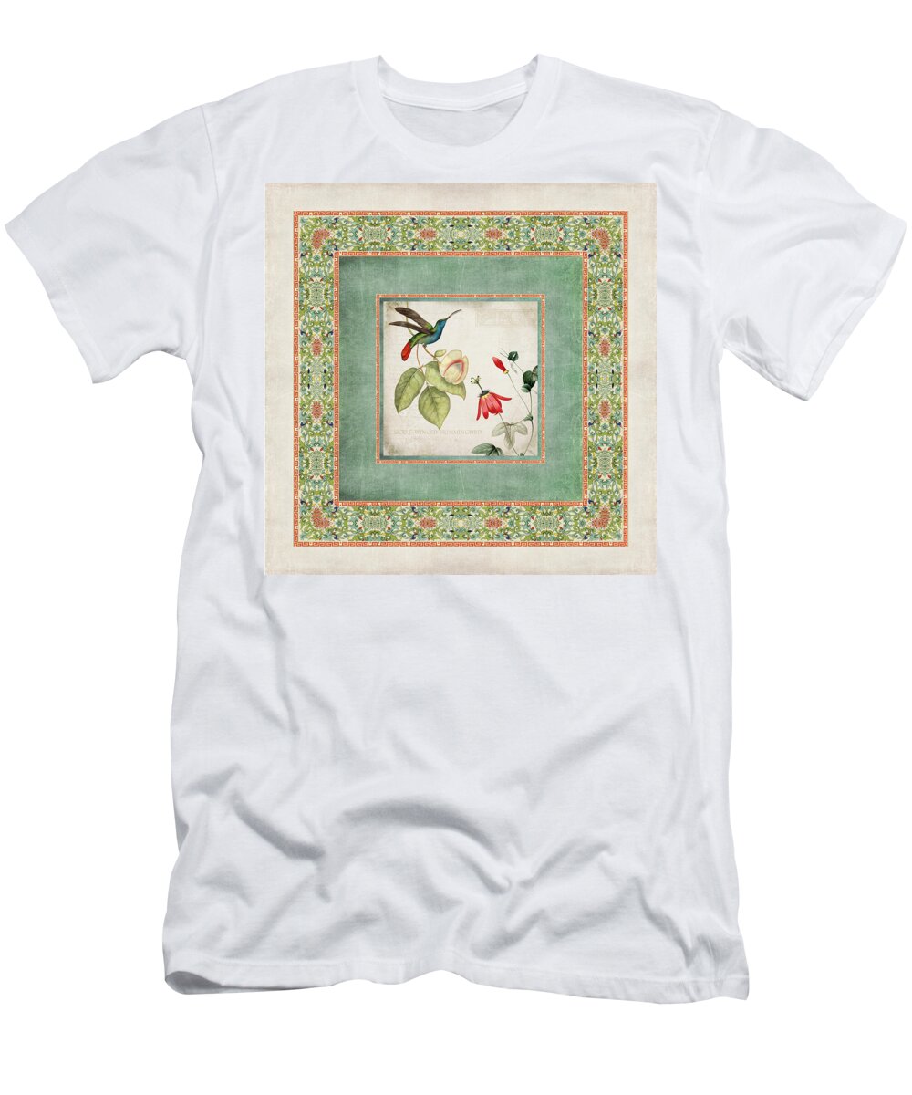 Chinese Ornamental Paper T-Shirt featuring the digital art Chinoiserie Vintage Hummingbirds n Flowers 2 by Audrey Jeanne Roberts