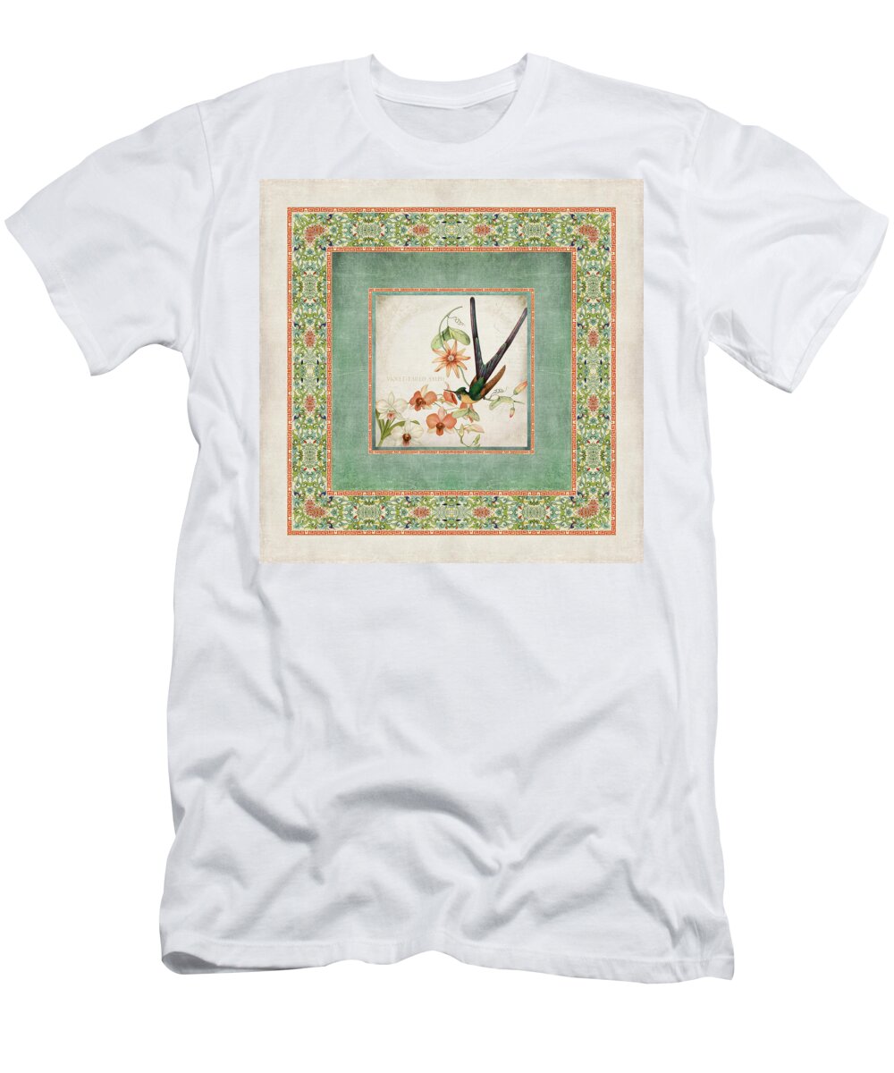 Chinese Ornamental Paper T-Shirt featuring the digital art Chinoiserie Vintage Hummingbirds n Flowers 3 by Audrey Jeanne Roberts