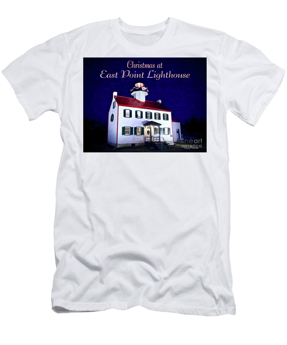 East Point Lighthouse T-Shirt featuring the mixed media Christmas at East Point Lighthouse 2 by Nancy Patterson