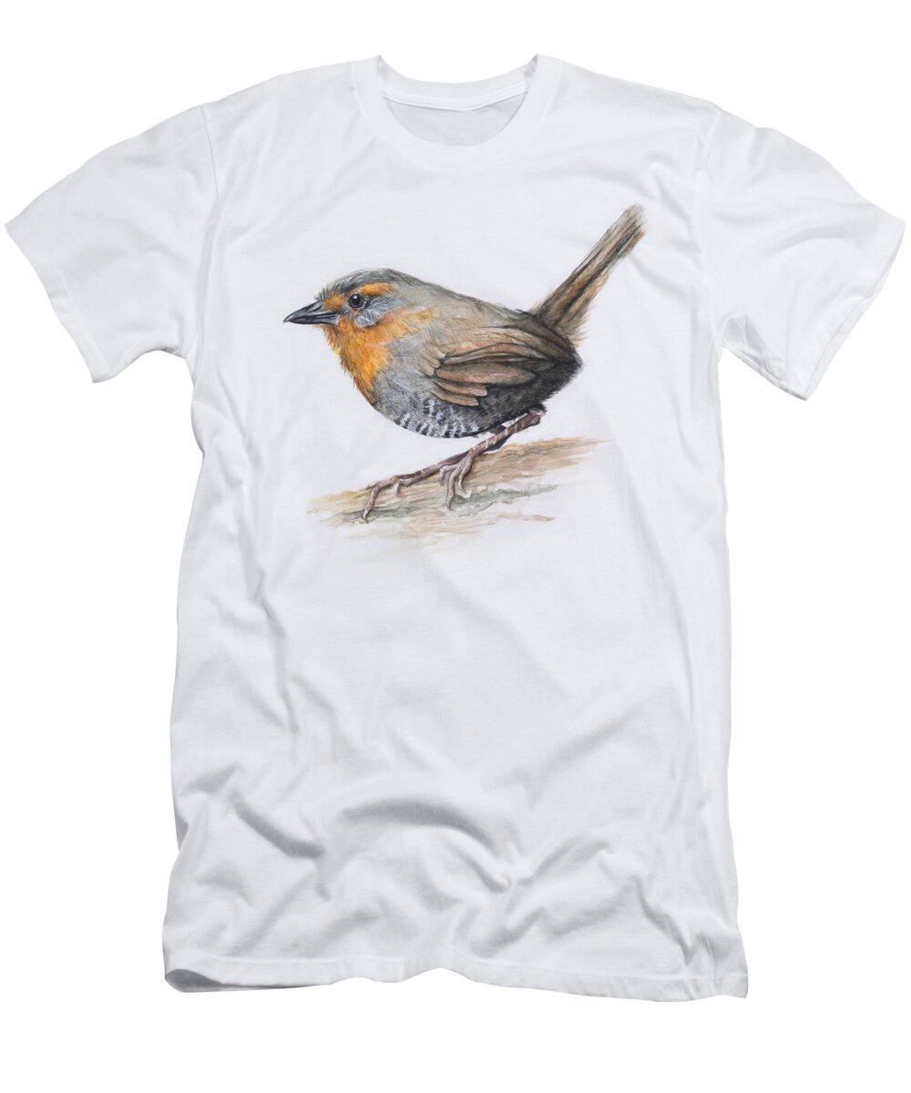 Chucao T-Shirt featuring the painting Chucao Tapaculo Watercolor by Olga Shvartsur