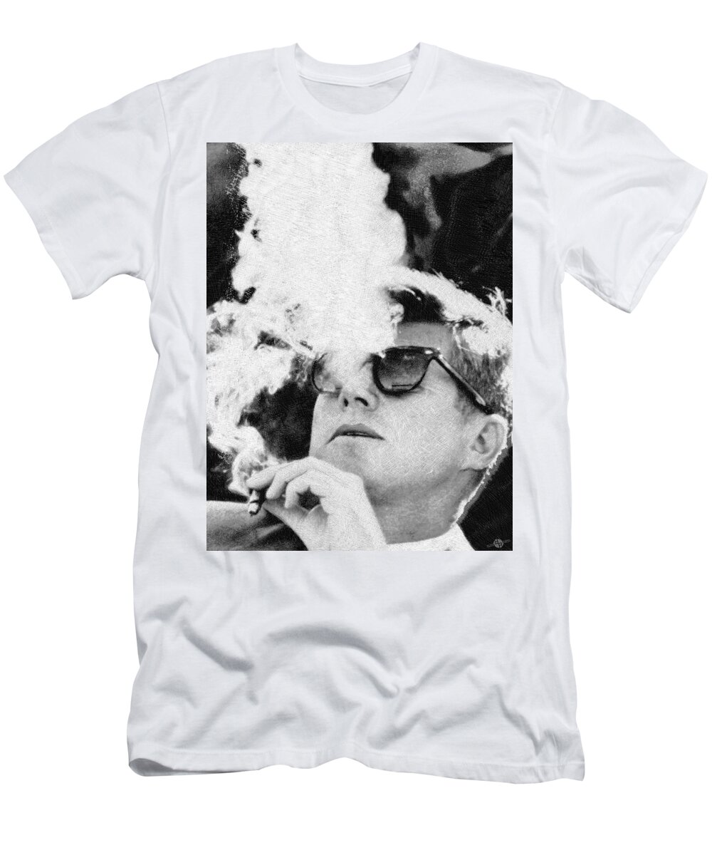 President T-Shirt featuring the painting Cigar Smoker Cigar Lover JFK Gifts Black And White Photo by Tony Rubino