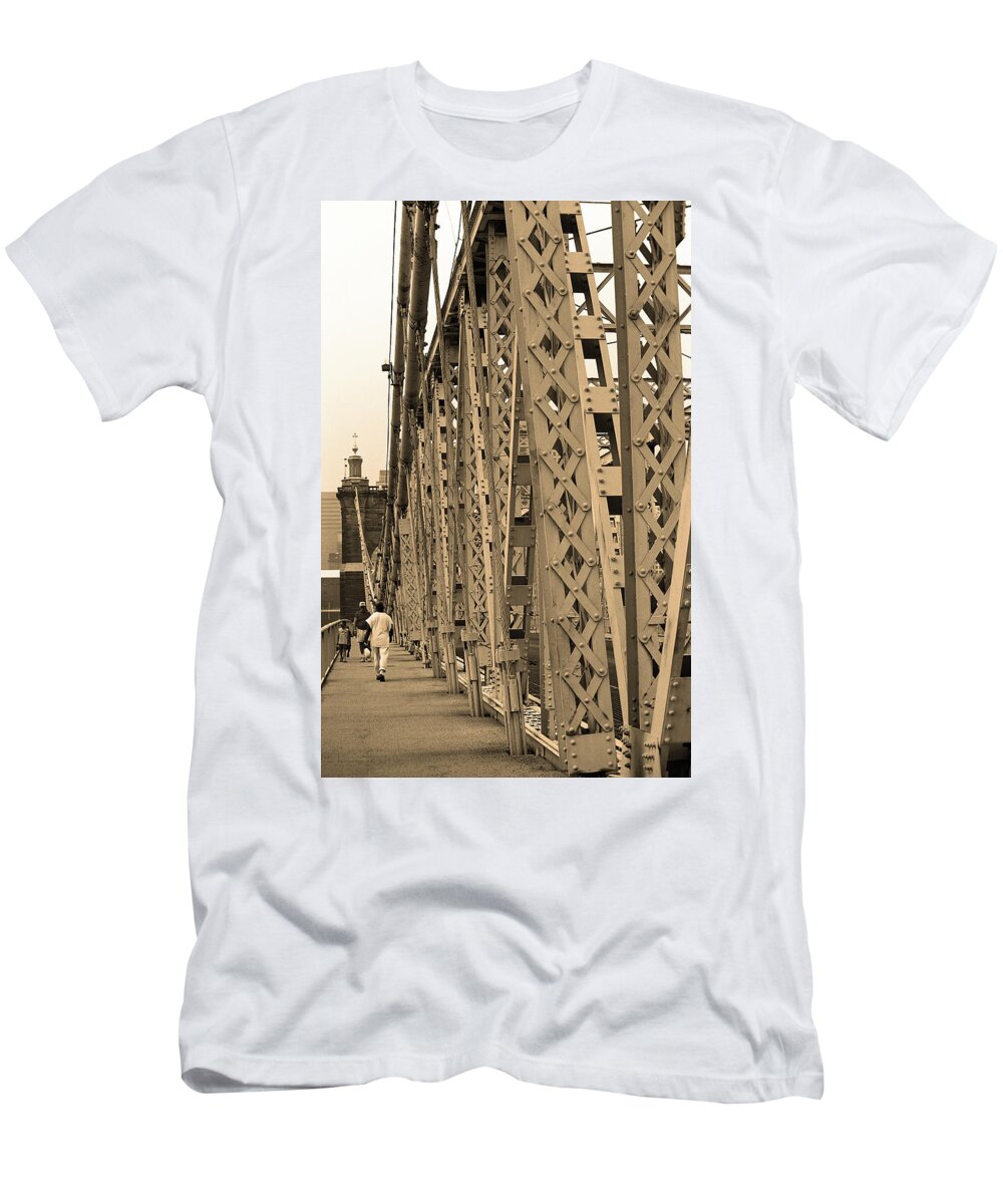 Arches T-Shirt featuring the photograph Cincinnati - Roebling Bridge 3 Sepia by Frank Romeo