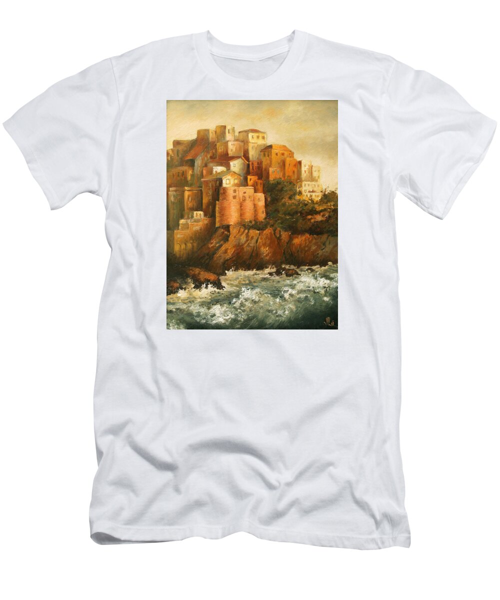 Manarola T-Shirt featuring the painting Cinque Terre Lerici Italia painting by Vali Irina Ciobanu