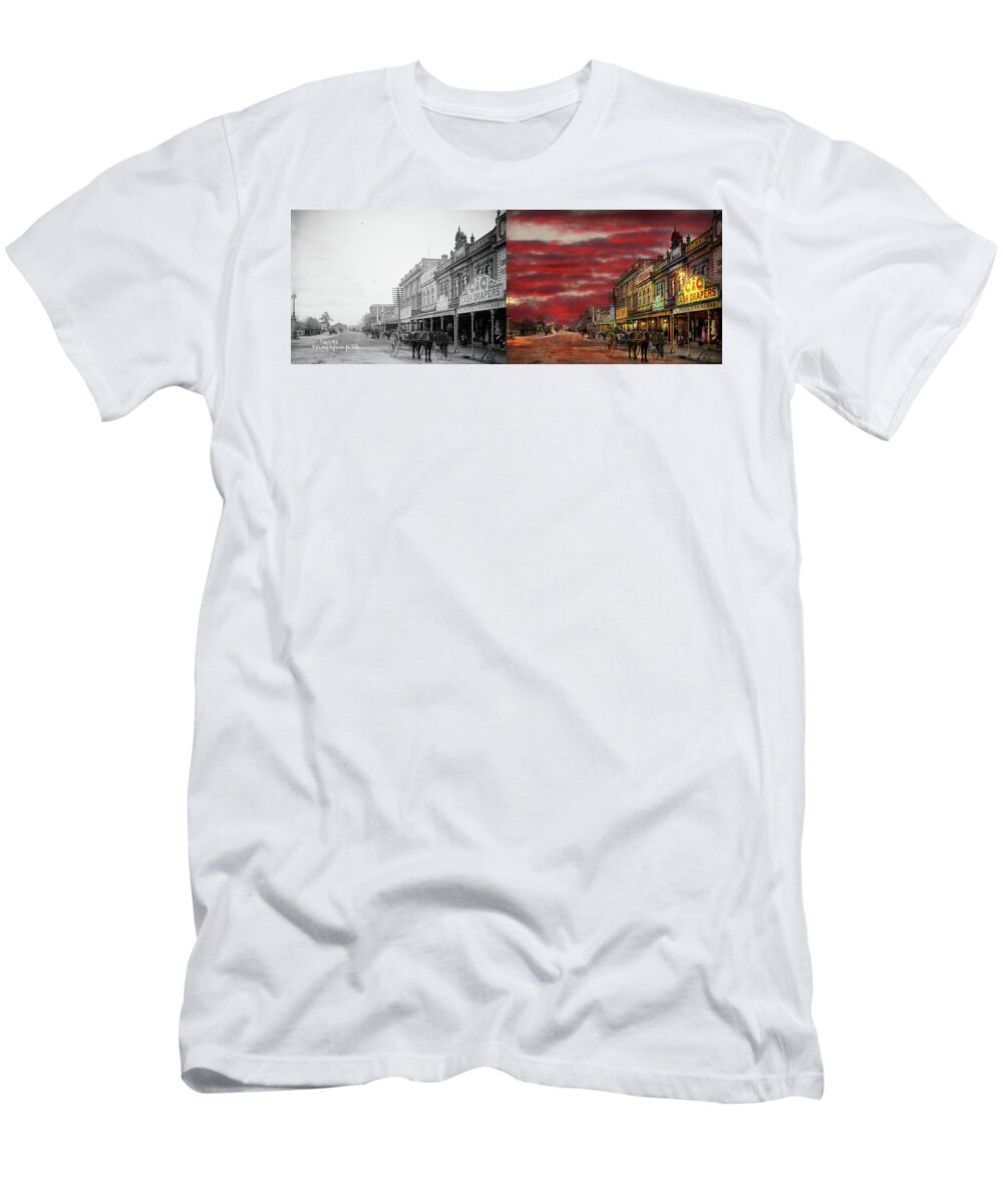 Cash Drapers T-Shirt featuring the photograph City - Palmerston North NZ - The shopping district 1908 - Side by Side by Mike Savad